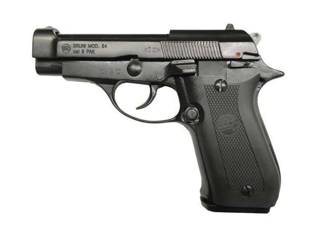 Bruni 84 9mm P.A.K Noir C12 pistolet en métal avec design compact et ergonomique.