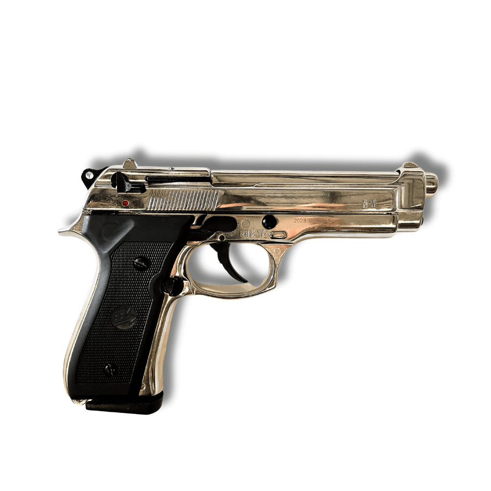 Bruni 92 9mm P.A.K Nickel C12 - Pistolet d'alarme à blanc avec finition chromée et structure métallique.