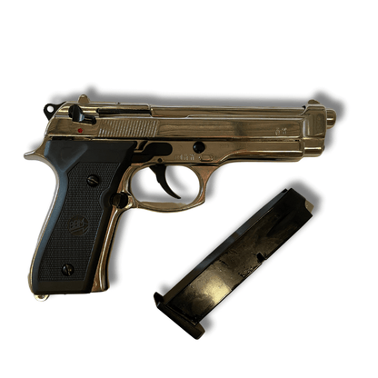 Bruni 92 9mm P.A.K Nickel C12 pistolet d’alarme finition nickel avec chargeur noir.