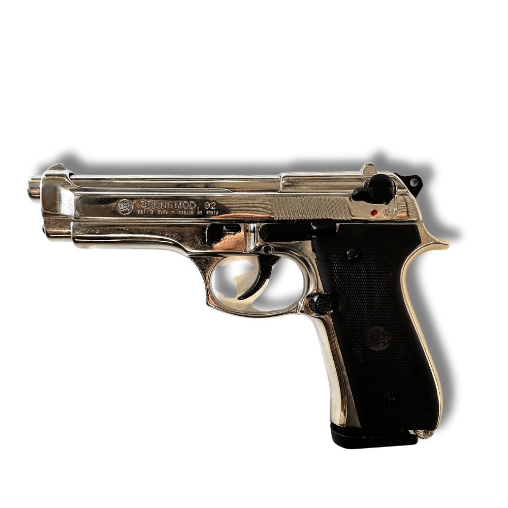 Bruni 92 9mm P.A.K Nickel C12 - pistolet d'alarme en finition nickel et métal, design classique Beretta 92.