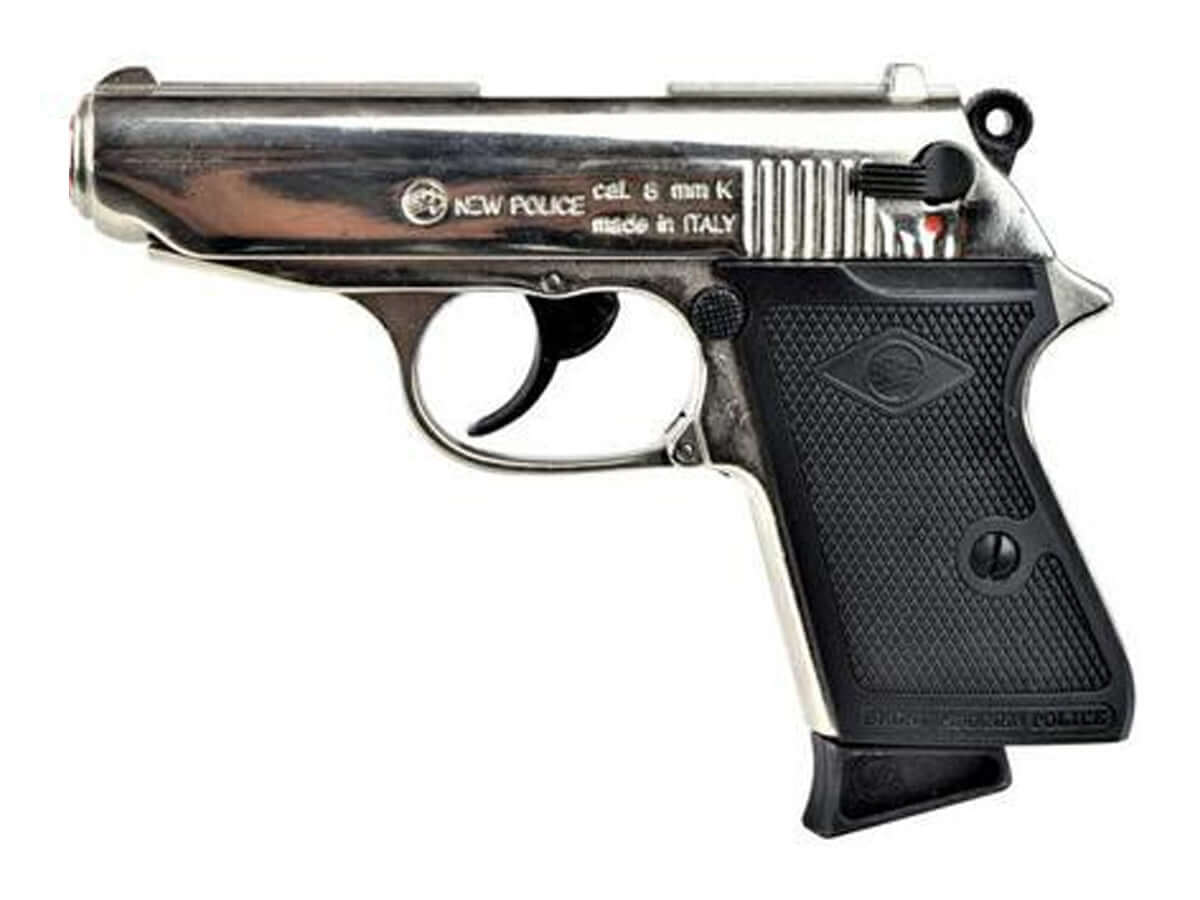 Bruni New Police 9mm P.A.K Chrome C12 semi-automatic blank pistol with chrome finish.