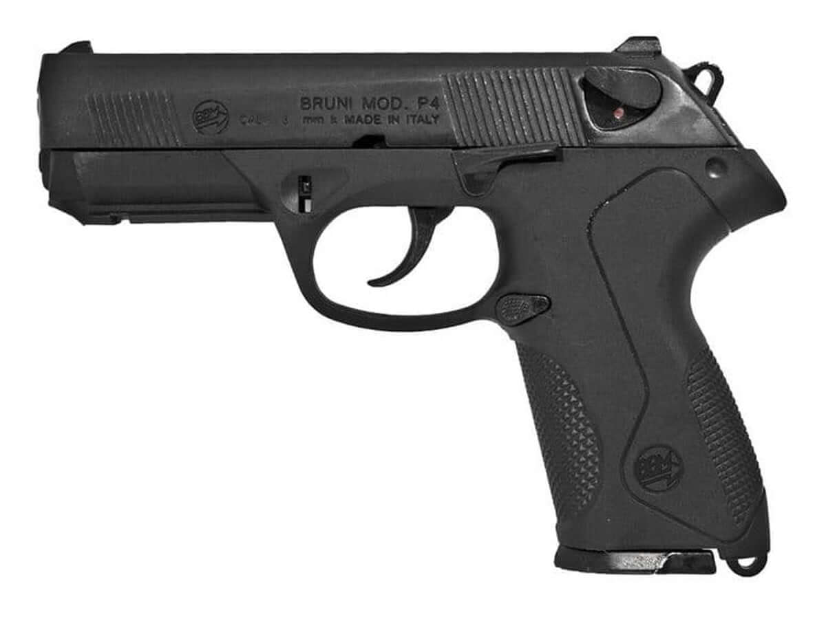 Bruni P4 9mm P.A.K Noir C12 - pistolet à blanc moderne, design ergonomique et robuste, fabriqué en Italie.