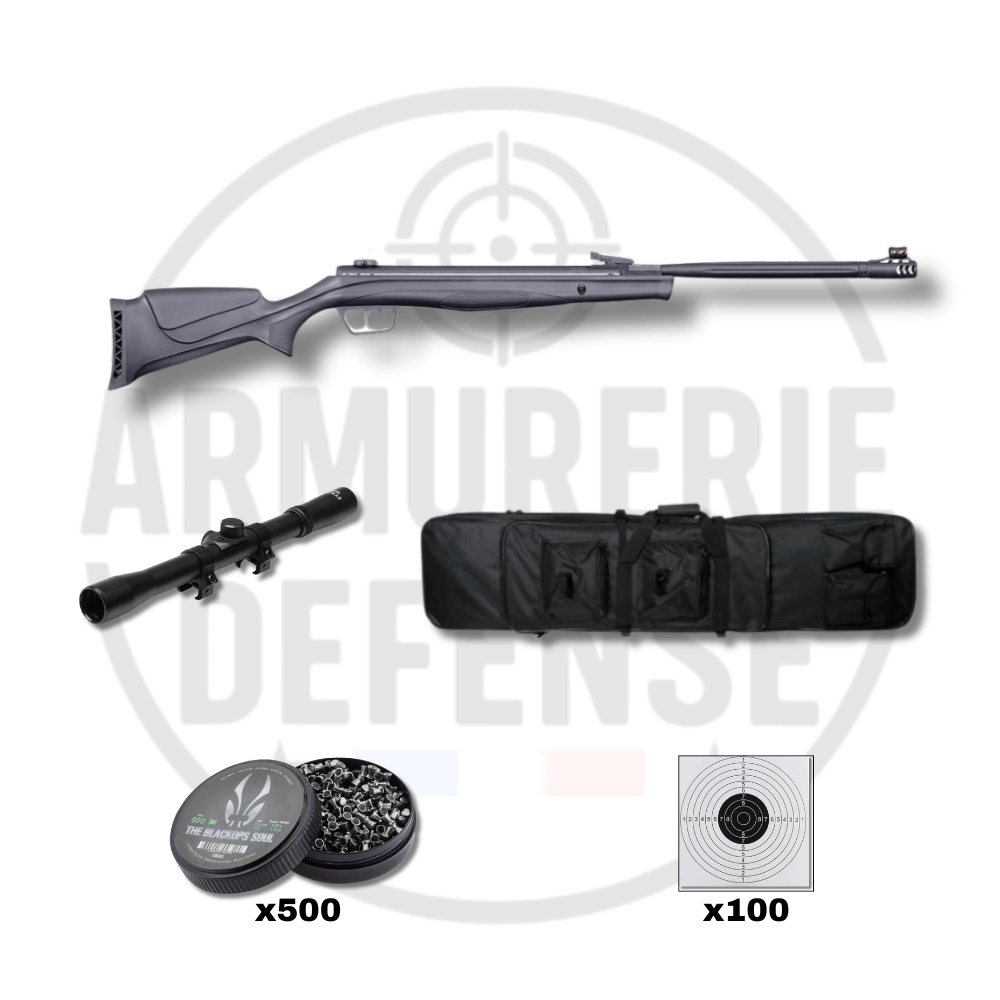pack carabine Umarex R‑Force Black accessoires avec carabine, lunette, housse et cibles.