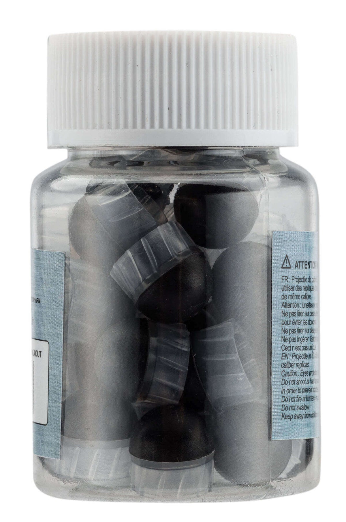 Concorde Defender Bouteille de balles de précision Cal 0.50 (x30) montrant des balles noires dans un flacon transparent.