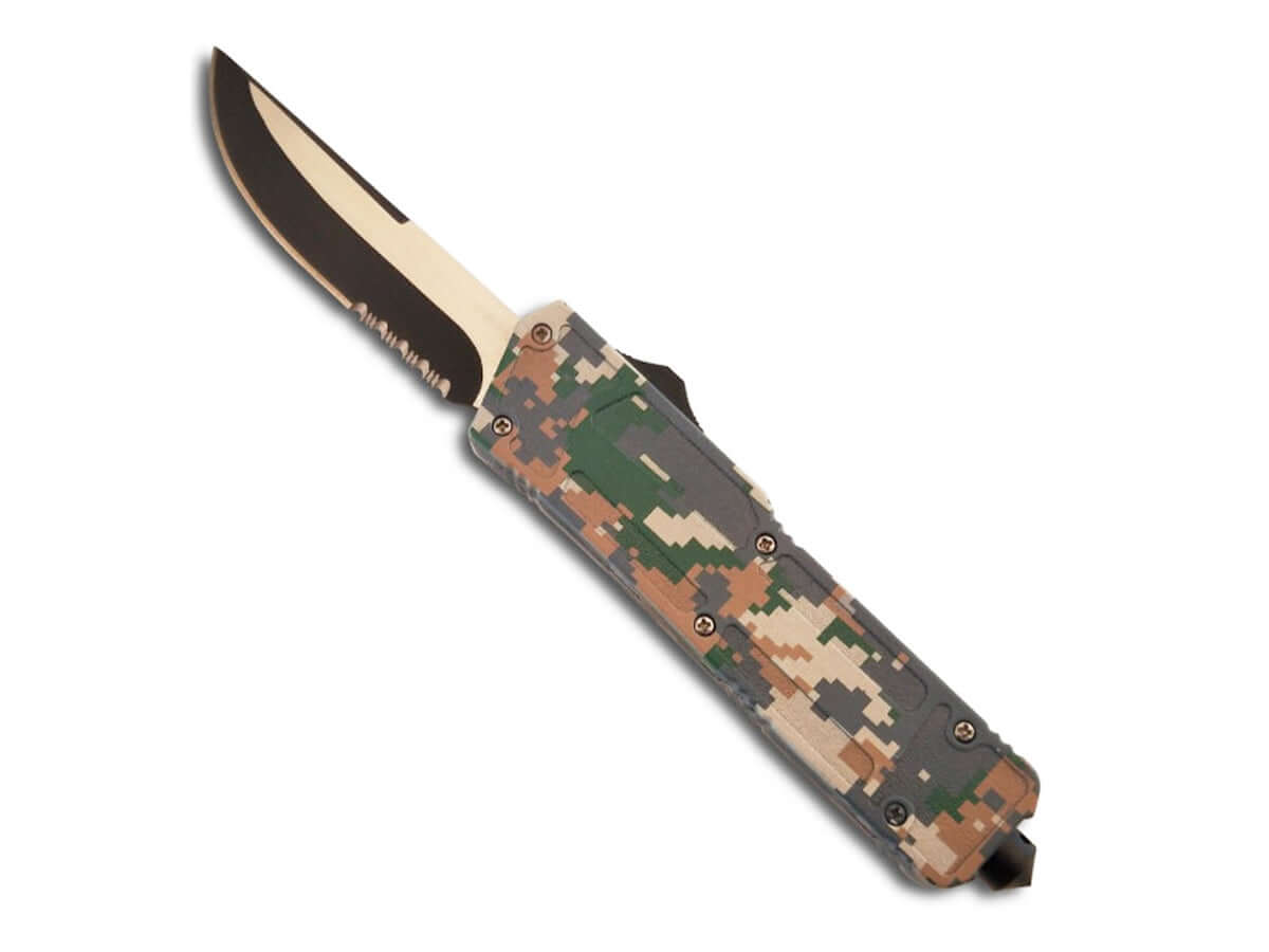 Couteau automatique brise-vitre lame 9cm Camo avec manche camouflage et lame en acier inox.