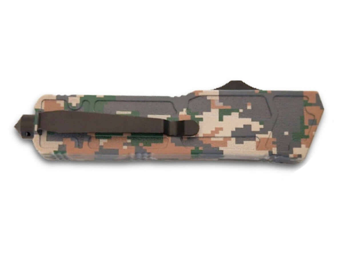 Couteau automatique brise-vitre lame 9cm Camo vue de côté avec clip intégré et finition camouflage.