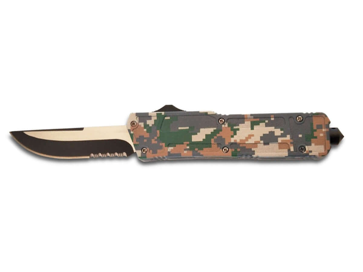 Couteau automatique brise-vitre lame 9cm Camo avec manche camouflage et lame en acier inox.