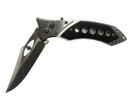 Couteau automatique Gris et Noir - lame 9cm avec un design bicolore et un mécanisme d'ouverture rapide.