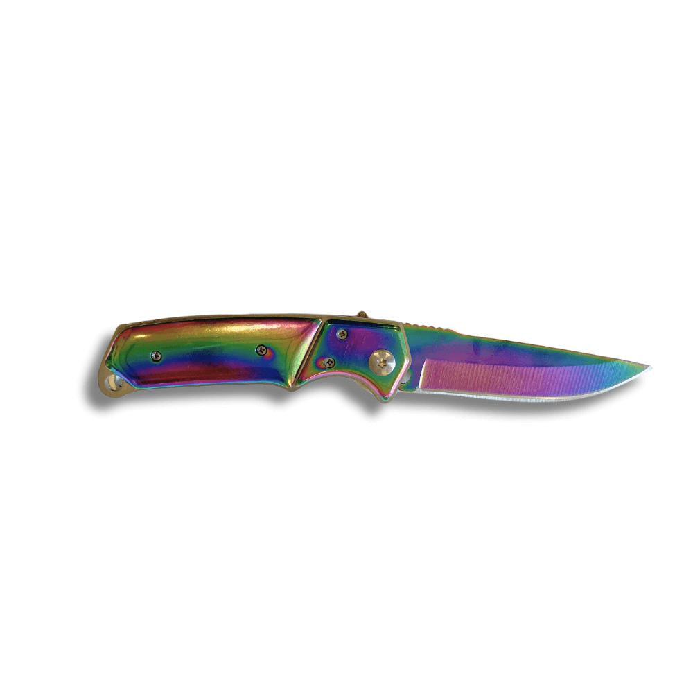Couteau automatique Métal anodisé Lame 9cm avec un manche multicolore et une lame en acier inox.