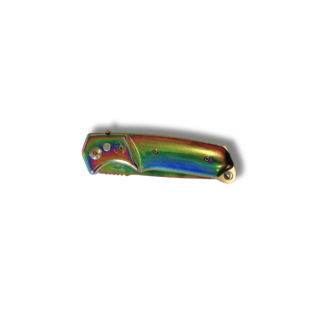 Couteau automatique Métal anodisé Lame 9cm - manche multicolore en métal anodisé.