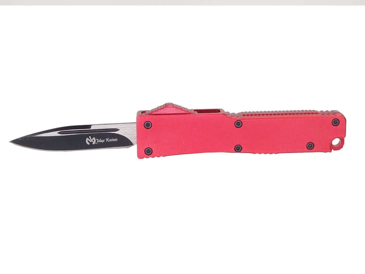 Couteau automatique Mini 8cm Rouge Lame 5cm avec une lame de 5 cm et un manche rouge vif.