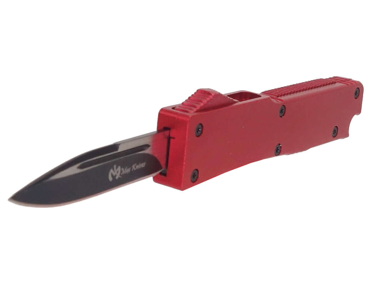 Couteau automatique Mini 8cm Rouge Lame 5cm avec mécanisme de déploiement rapide et corps compact.