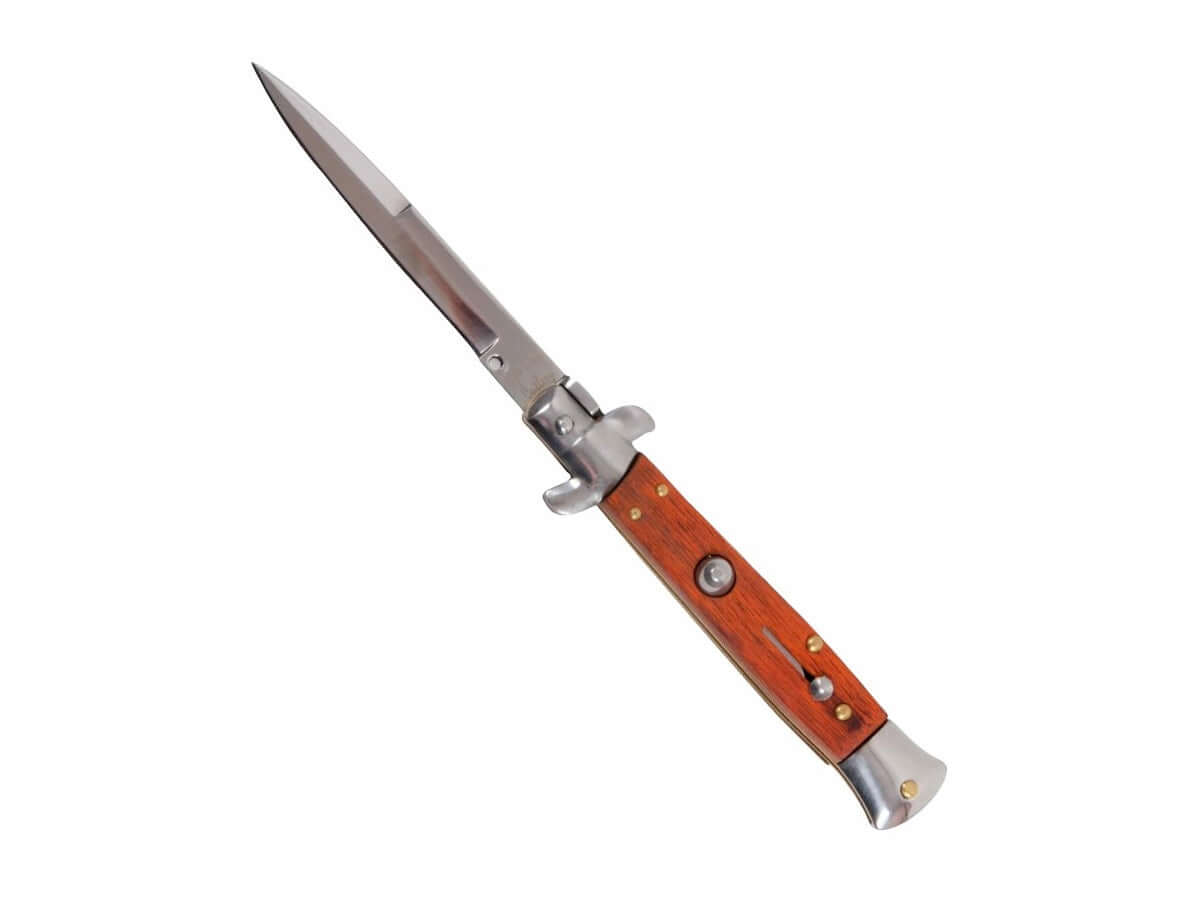 Couteau automatique Sicilien bois avec manche imitation bois et lame en acier inox.