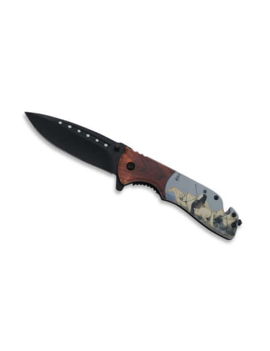 Couteau Chevaux de Camargue avec coupe ceinture Lame 9cm, acier inox et motif décoratif sur le manche.