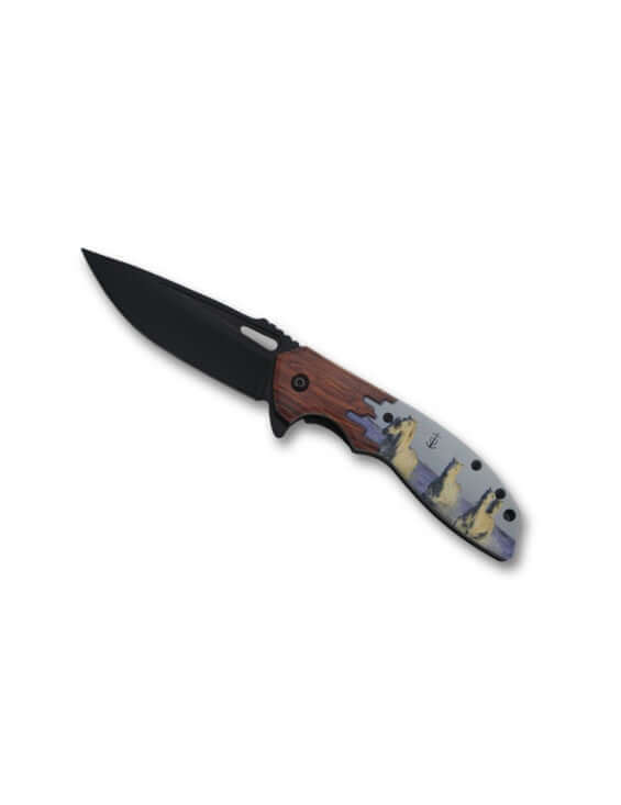 Couteau Chevaux de Camargue Lame 9cm avec design de chevaux et lame en acier inox.