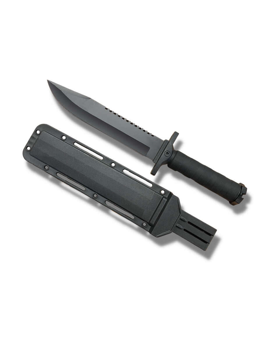 Couteau de survie 21cm avec garde main ABS Noir - image du couteau avec lame droite et étui.
