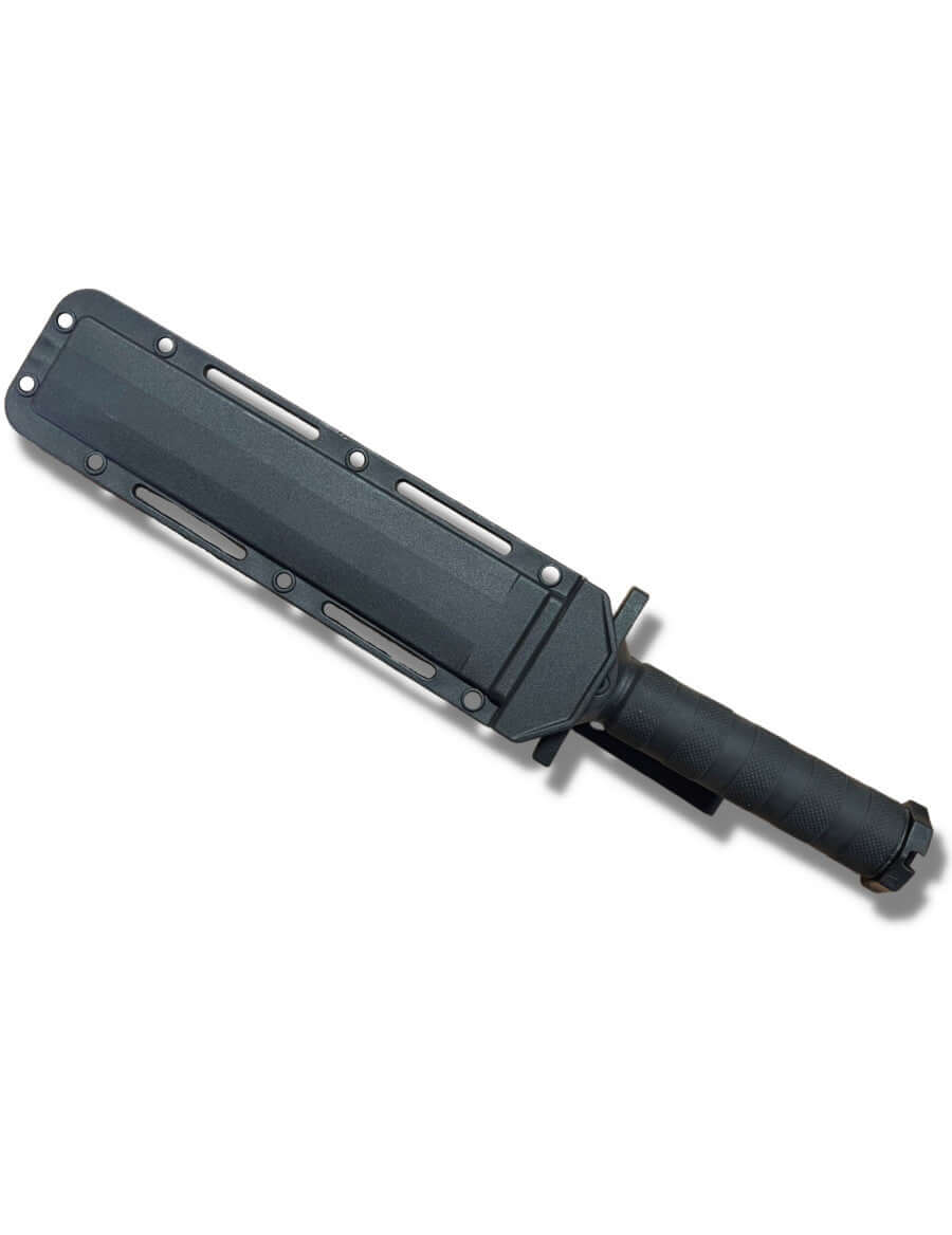 Couteau de survie 21cm avec garde main ABS Noir, affichant lame droite et manche en ABS.