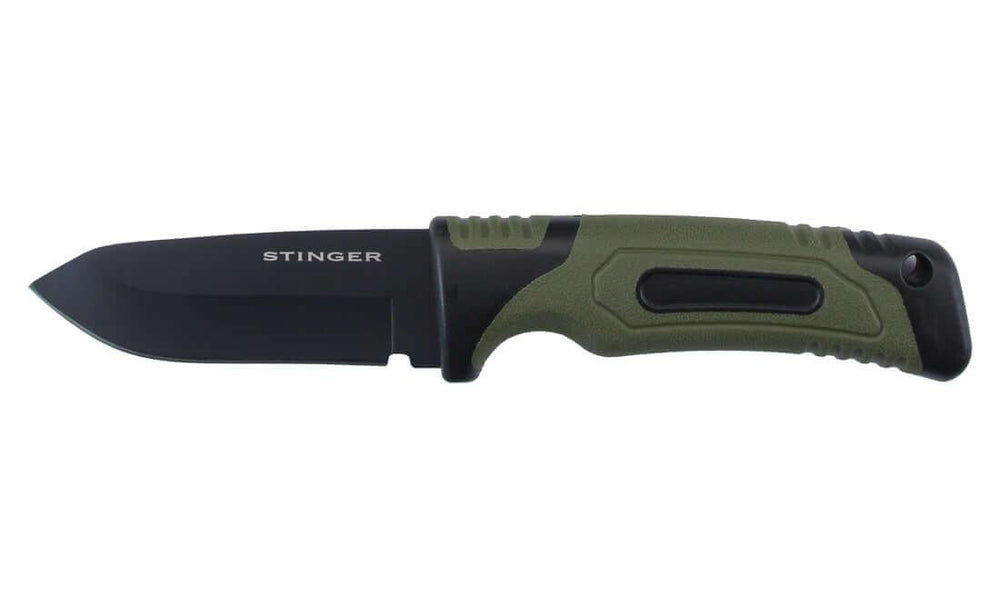 Couteau fixe Stinger lame noire 8 cm avec manche vert pour randonnée bushcraft