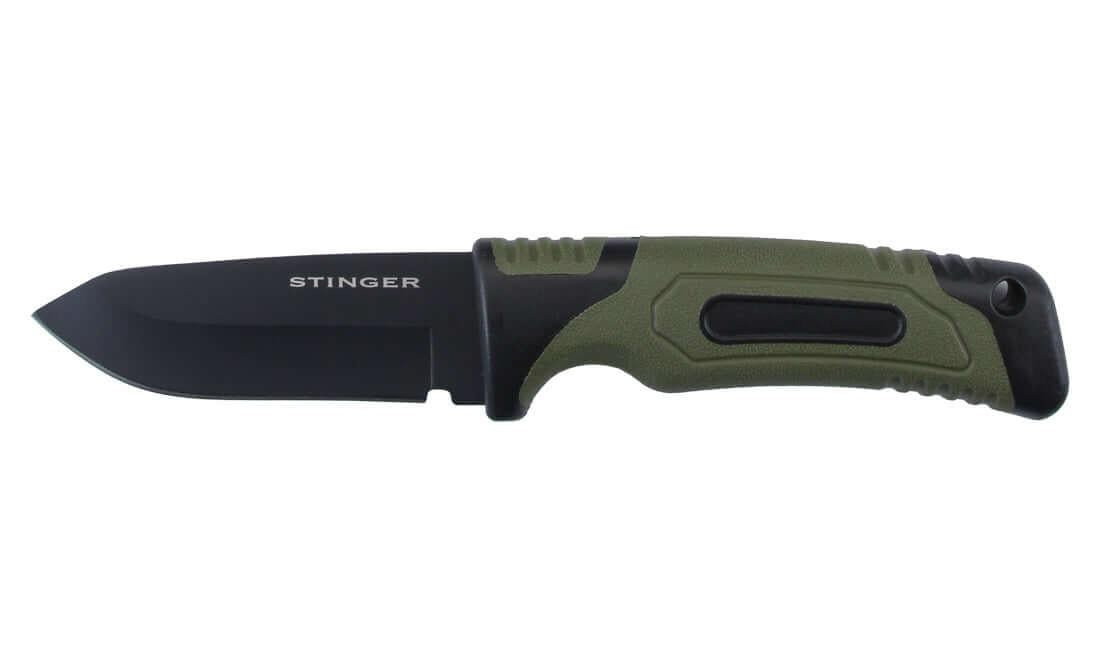Couteau fixe Stinger lame noire 8 cm avec manche vert pour randonnée bushcraft