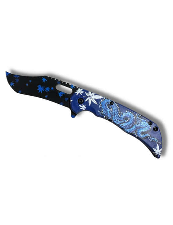 Couteau foliage dragon bleu lame 9cm - clip ceinture avec design décoratif bleu et dragon.