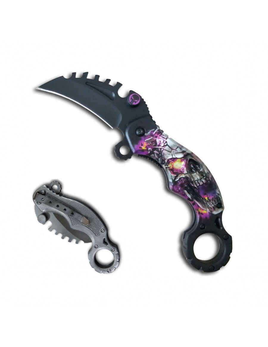 Couteau Ouv.Assistée Karambit tête de mort Supernova Lame 6cm avec design décoratif et lame incurvée.