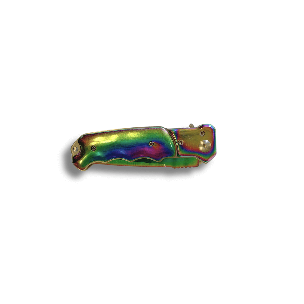 Couteau Métal anodisé manche ergonomique Lame 9cm, couteau pliant avec manche multicolore et ouverture assistée.