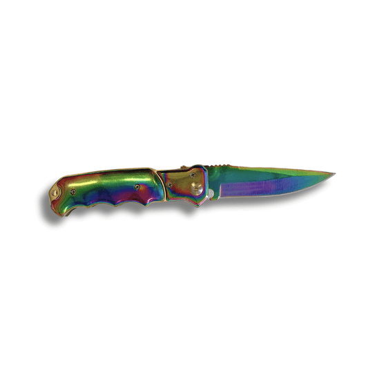 Couteau Métal anodisé manche ergonomique Lame 9cm avec design multicolore et manche ergonomique.