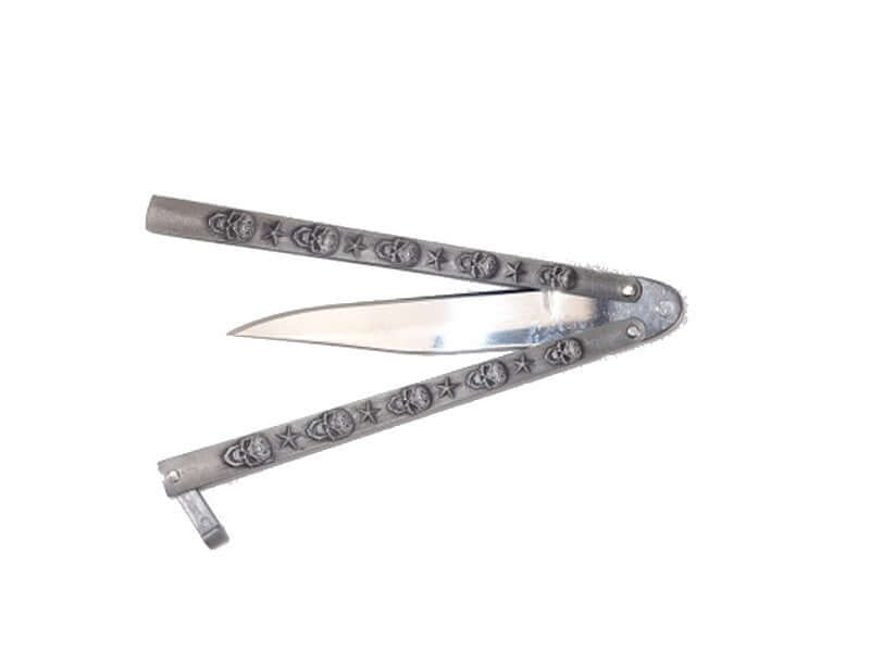 Couteau papillon ajouré gris lame 7 cm avec manche décoratif et lame en acier inox.