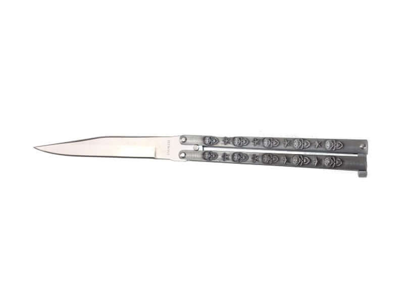 Couteau papillon ajouré gris lame 7 cm avec finition métal détaillée.