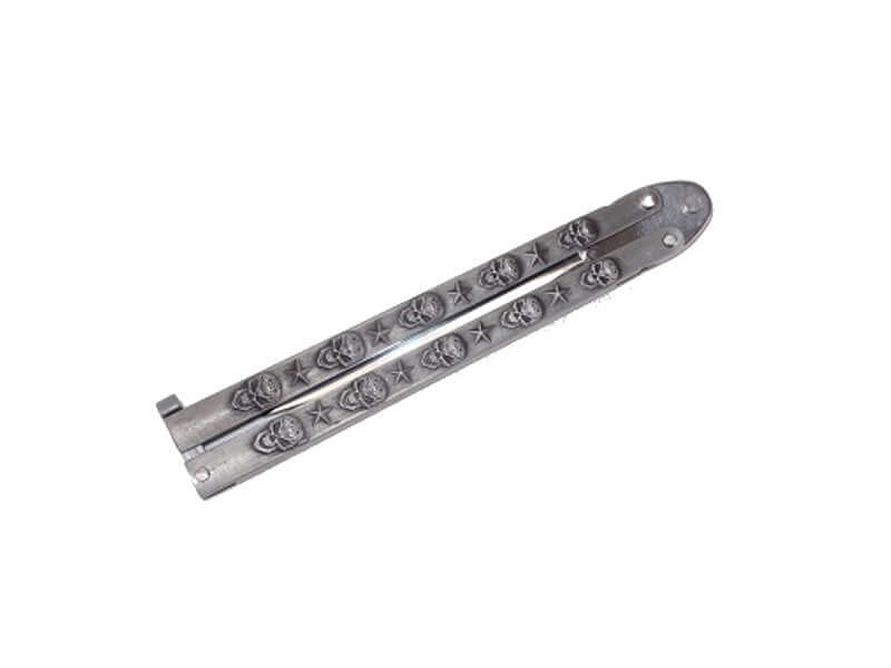 Couteau papillon ajouré gris lame 7 cm, avec manche ajouré et lame en acier inox.