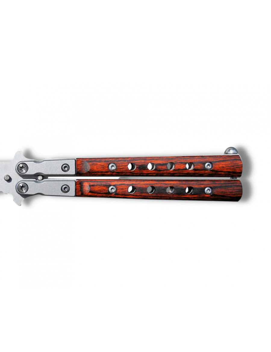 Couteau papillon ajouré Lame 9cm acier gris mat et bois+clip-ceinture - vue du manche en bois et métal.