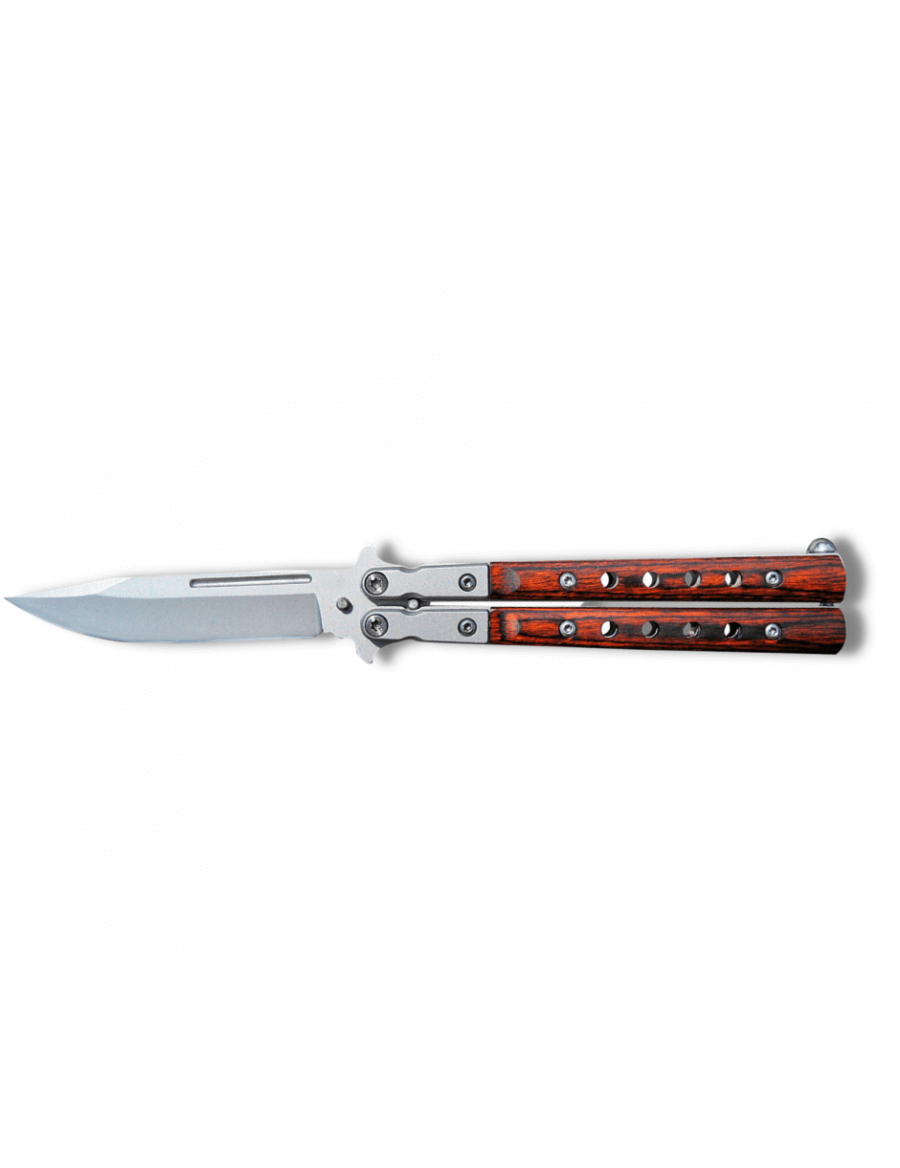 Couteau papillon ajouré Lame 9cm acier gris mat et bois+clip-ceinture