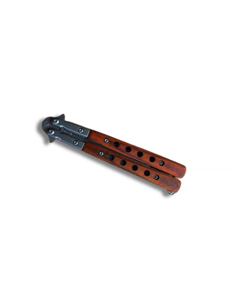 Couteau papillon ajouré Lame 9cm acier gris mat et bois+clip-ceinture sur fond blanc