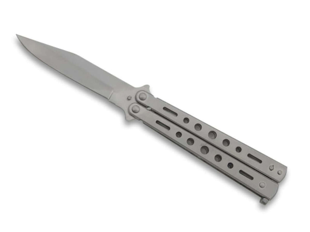 Couteau papillon ajouré Lame 9cm acier gris mat, design élégant avec lame en acier et poignée ajourée.