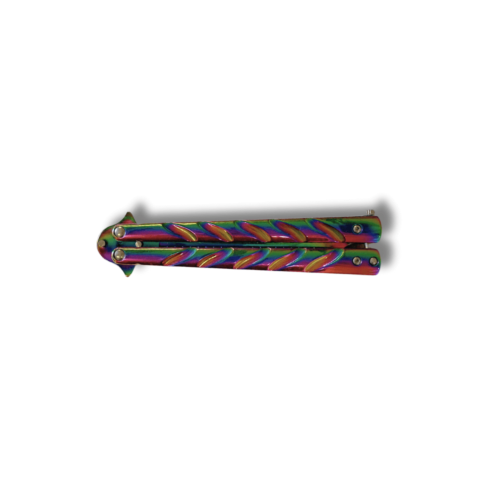 Couteau papillon anodisé Lame 10cm - Couteau papillon multicolore avec manche anodisé, fermé.