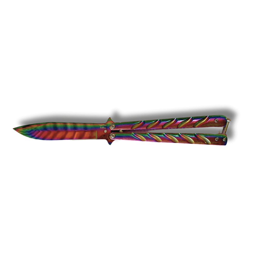 Couteau papillon anodisé Lame 10cm avec manche multicolore et lame en acier inoxydable de 10 cm.
