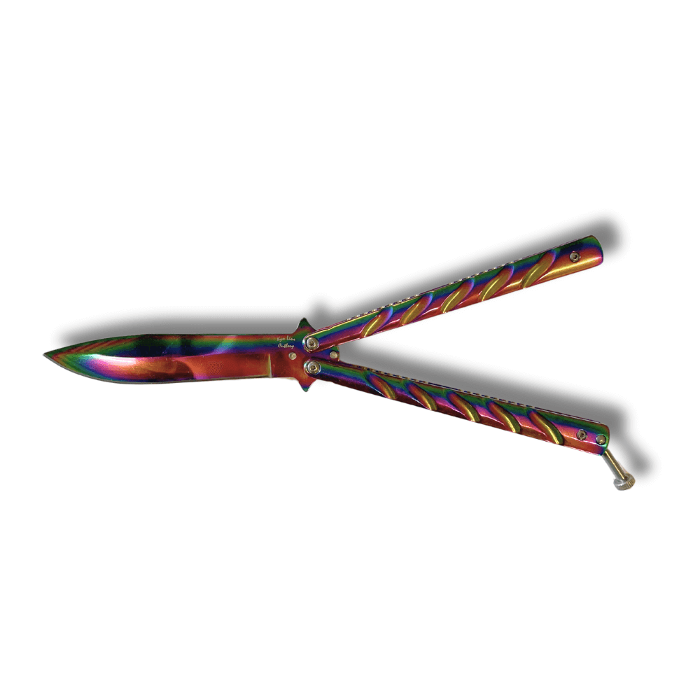 Couteau papillon anodisé Lame 10cm avec un manche multicolore et lame en acier inoxydable.