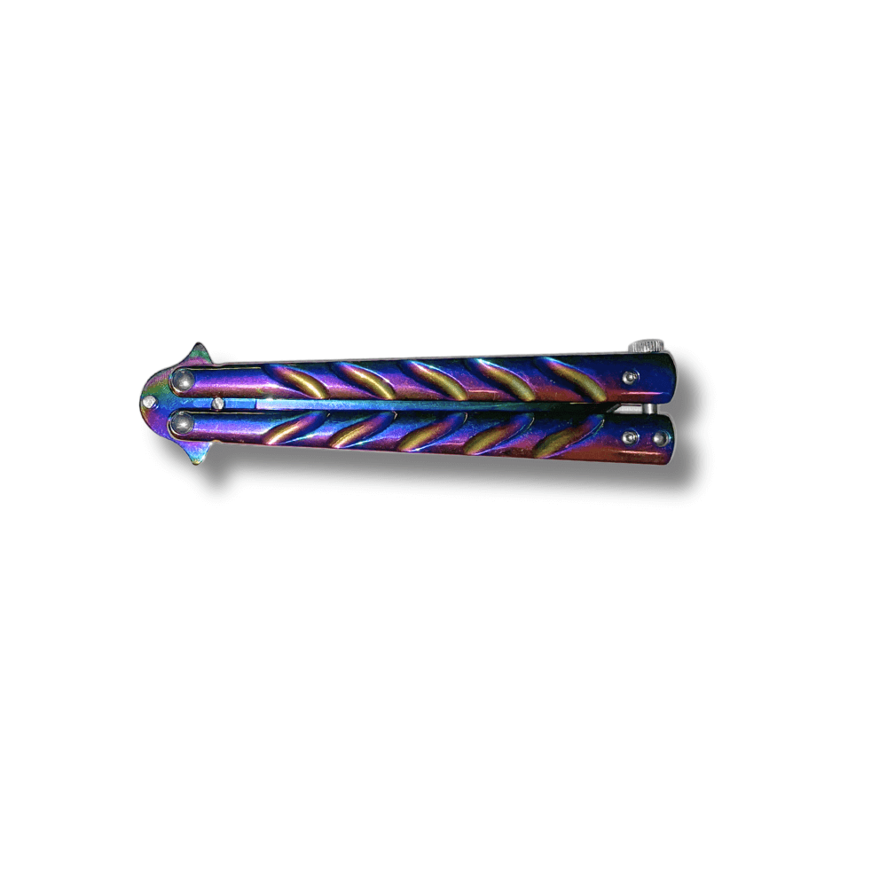 Couteau papillon anodisé Lame 10cm - Couteau avec manche multicolore et lame en acier inoxydable.