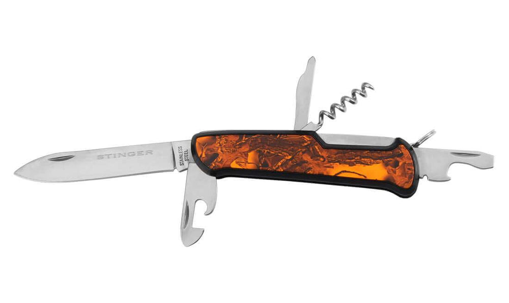 Couteau pliant multifonctions à lame acier inox, manche orange, outils déployés