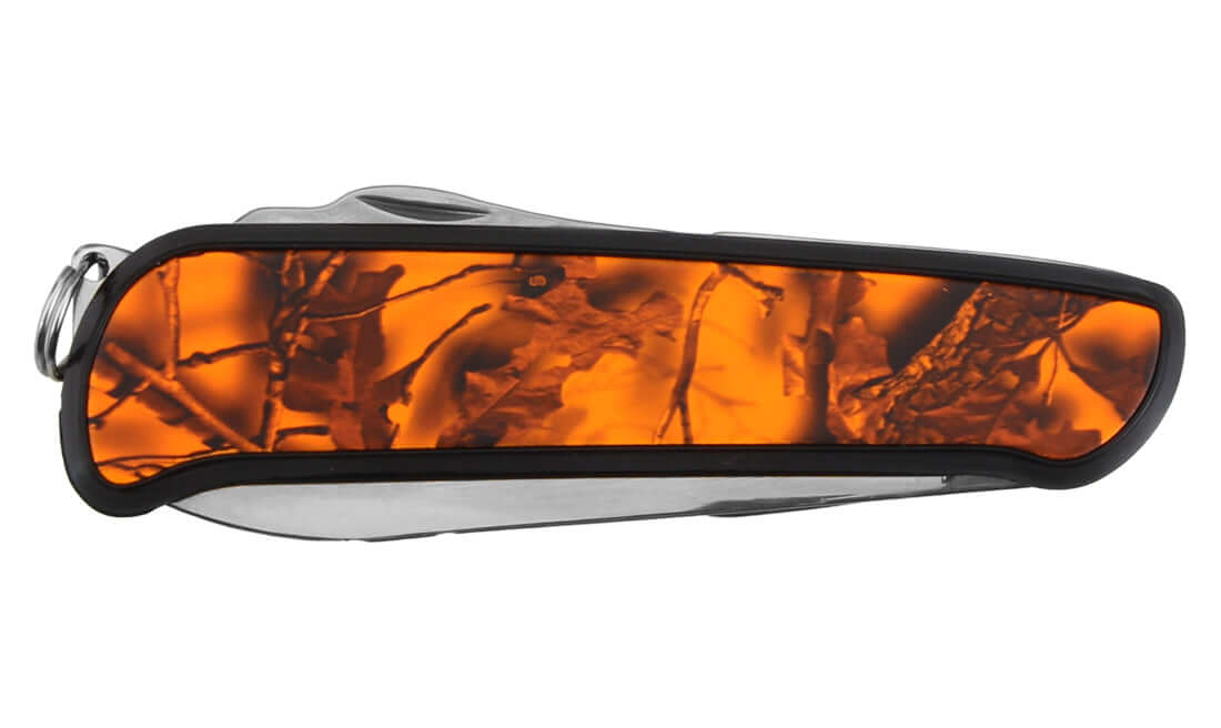 Couteau pliant Multi-fonctions Stinger Garbi ST2 Lame 8cm avec design orange camouflé.