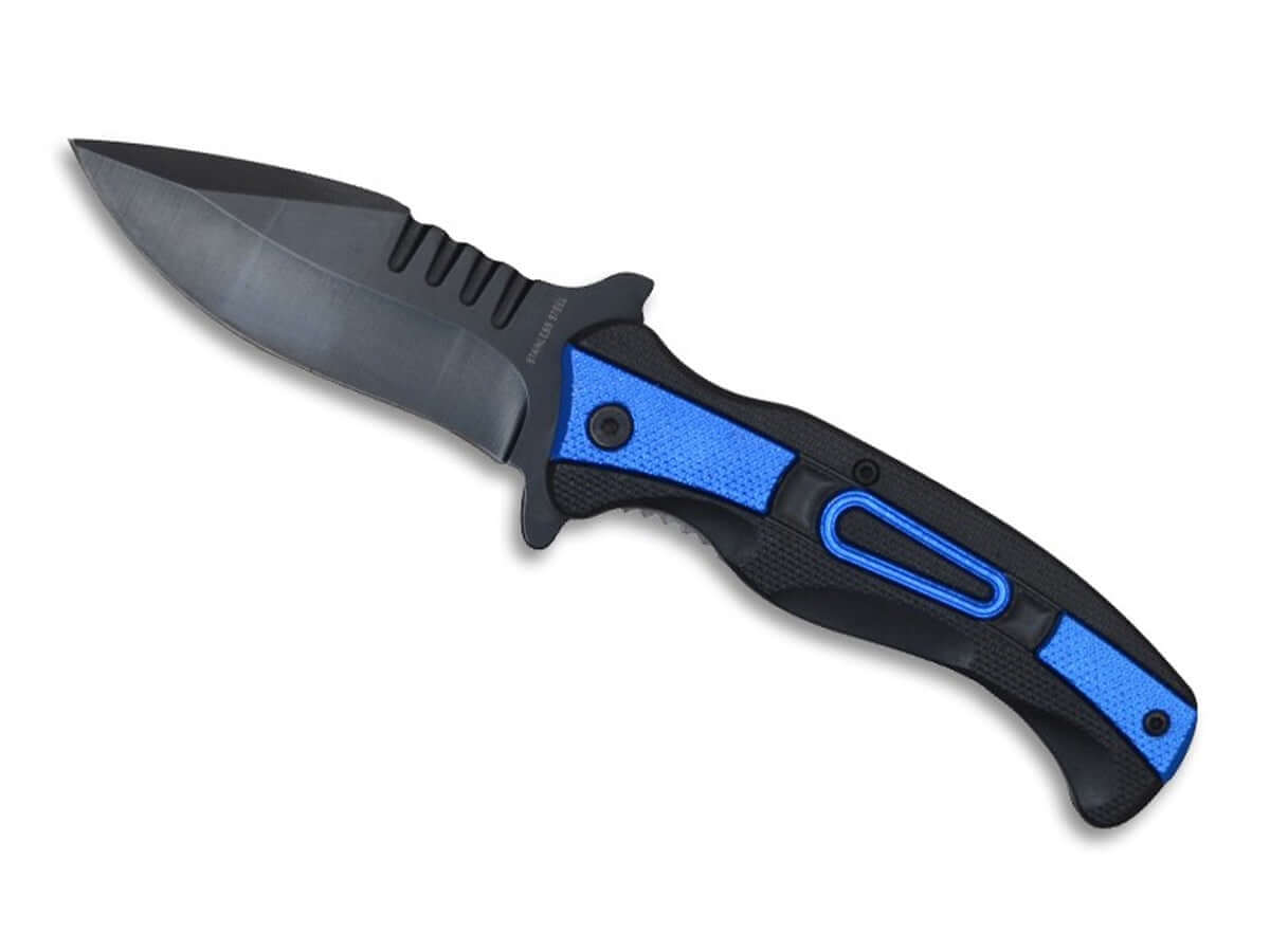 Couteau pliant ouverture assistée Noir/Bleu lame 10cm avec lame de 10 cm et poignée texturée noire et bleue.