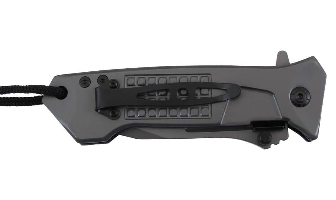 Couteau pliant Stinger Bora ST1 Lame 8.8cm avec cordon et clip, vue de dessus avec clip-ceinture.