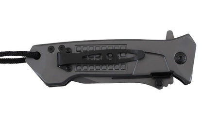 Couteau pliant Stinger Bora ST1 Lame 8.8cm avec cordon et clip, vue de dessus avec clip-ceinture.