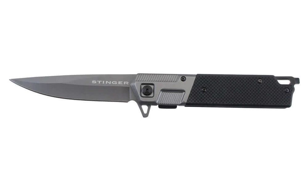 Couteau pliant tactique Stinger lame 9,7 cm, manche noir, outil brise-vitre