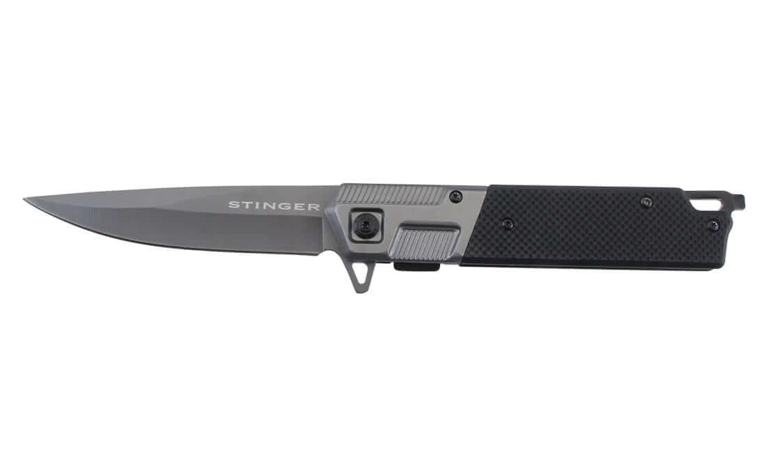 Couteau pliant tactique Stinger lame 9,7 cm, manche noir, outil brise-vitre