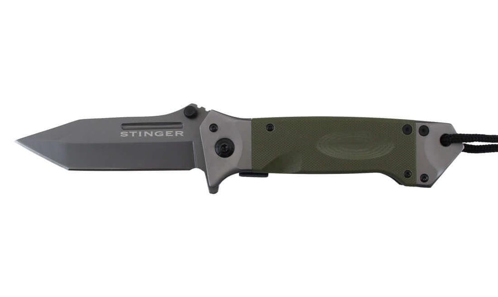 Couteau pliant Stinger Bora ST1 Lame 8.8cm avec cordon et clip vue latérale.