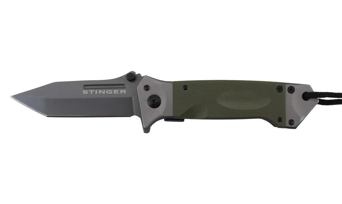 Couteau pliant Stinger Bora ST1 Lame 8.8cm avec cordon et clip vue latérale.