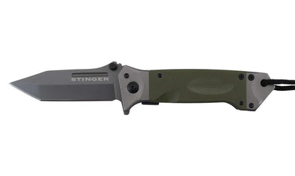 Couteau pliant Stinger Bora ST1 Lame 8.8cm avec cordon et clip vue latérale.