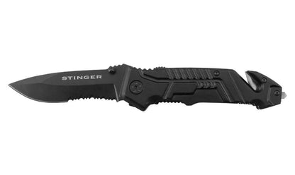 Couteau pliant Stinger Bora ST4 Lame 8,7cm Coupe/Clip-ceinture/Brise vue de côté sur fond blanc.