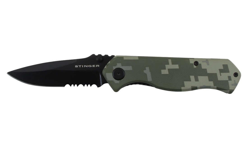 Couteau pliant Stinger Bora ST5 Lame 8,2cm avec Clip-ceinture vue de côté sur fond blanc.